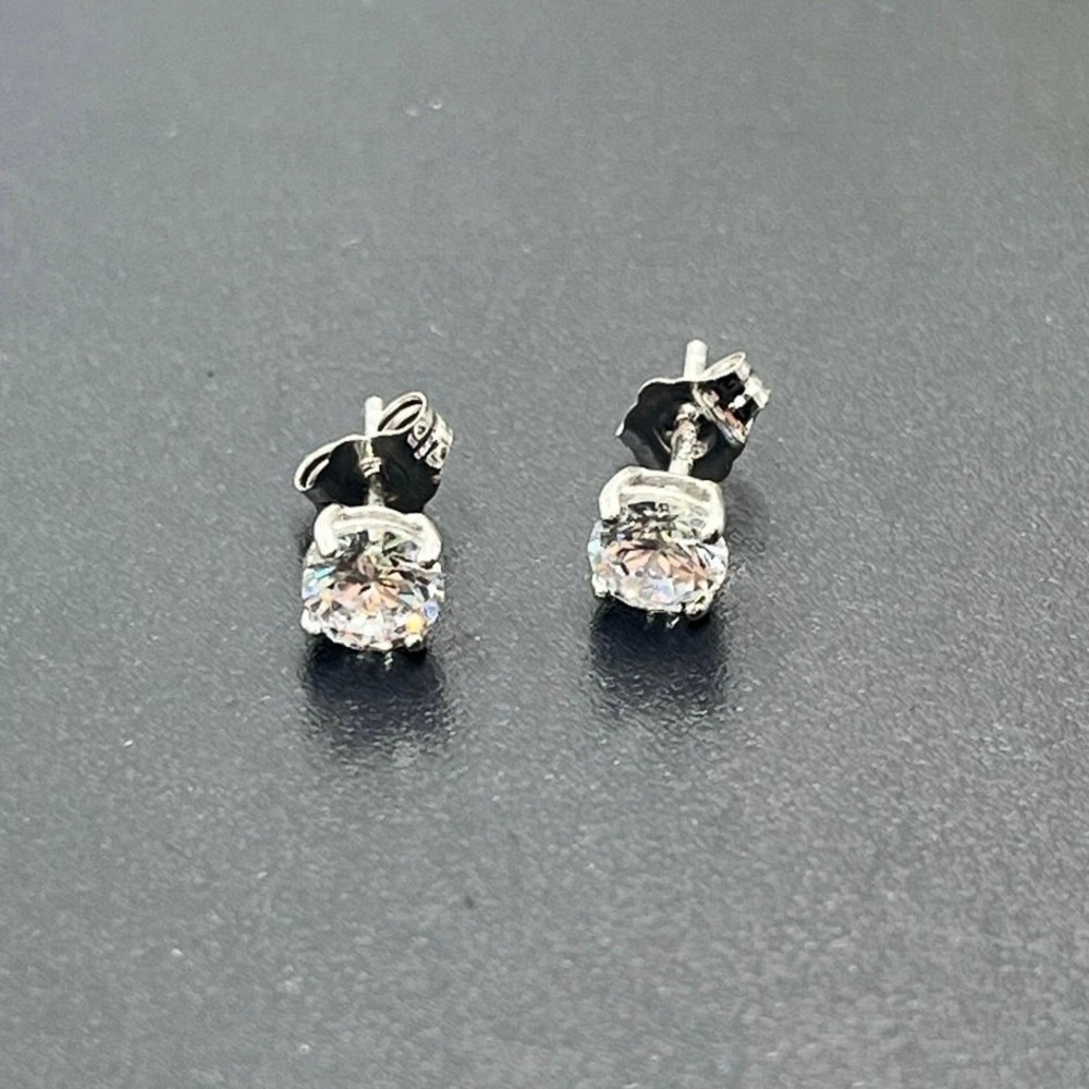 LM Signed 14k White Gold 4 Prong 5mm Round Stud Solitaire CZ Earrings
